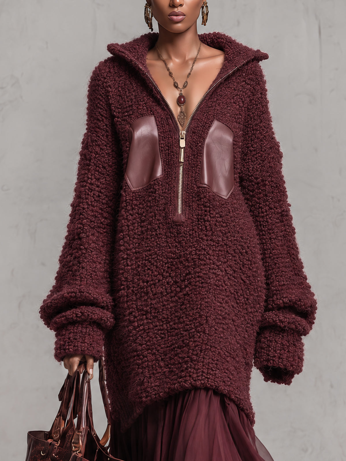 Wine Red Oversized Loop Knit Half Zip Chiffon Ruffle Hem Maxi Dress