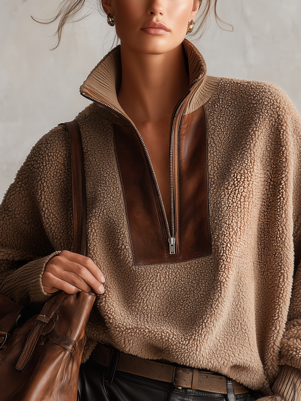 Camel Sherpa Fleece Half Zip Top With Pu Leather Panel