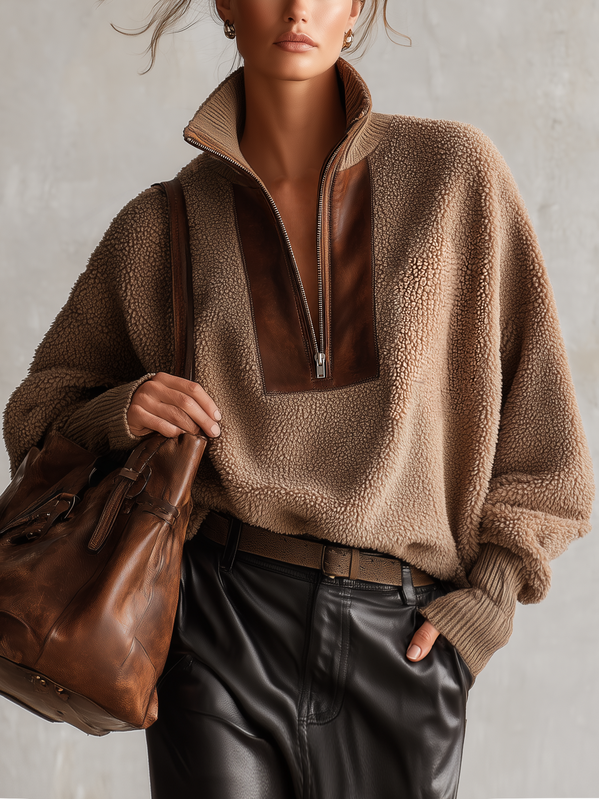 Camel Sherpa Fleece Half Zip Top With Pu Leather Panel