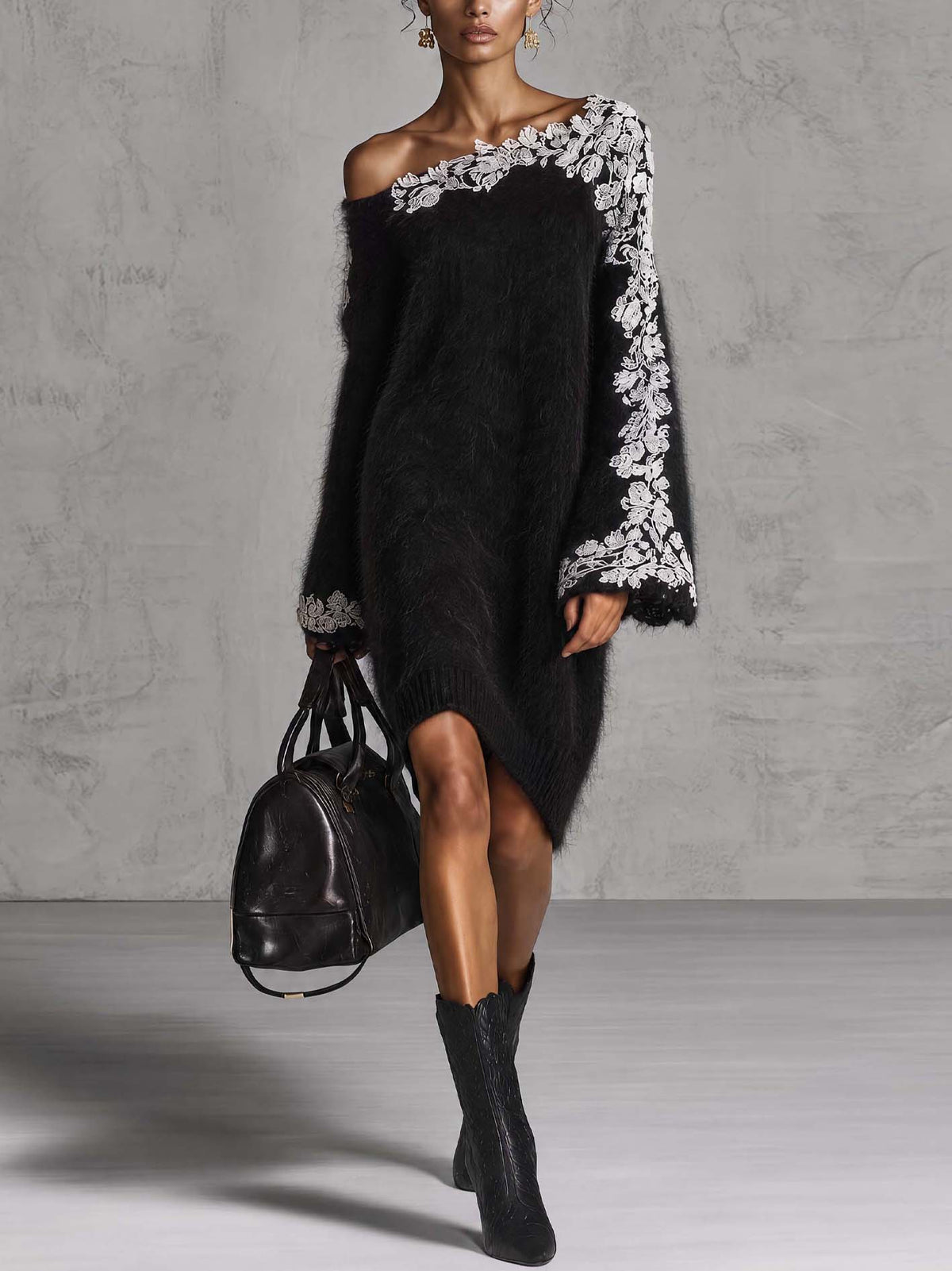 Black Fuzzy Mohair Knit Mini Dress With Asymmetric Neckline And White Lace Sleeve