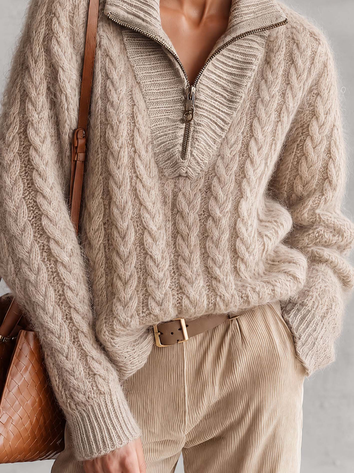 Oatmeal Beige Cable Knit Half-Zip Sweater With Contrast Ribbed Placket