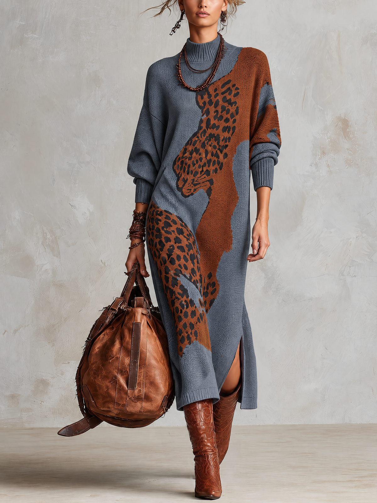 Slate Blue Leopard Pattern Turtleneck Knit Maxi Dress