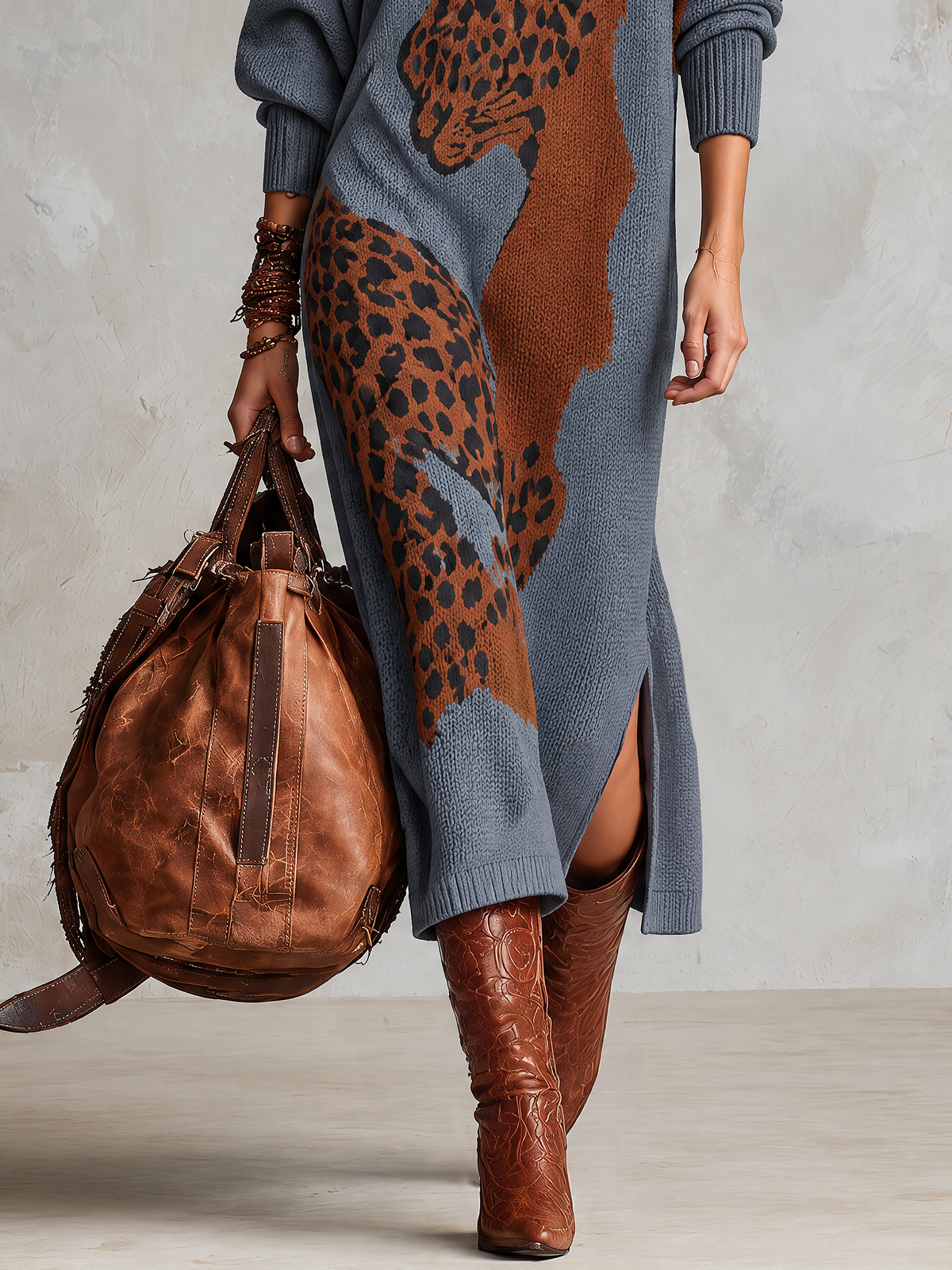 Slate Blue Leopard Pattern Turtleneck Knit Maxi Dress