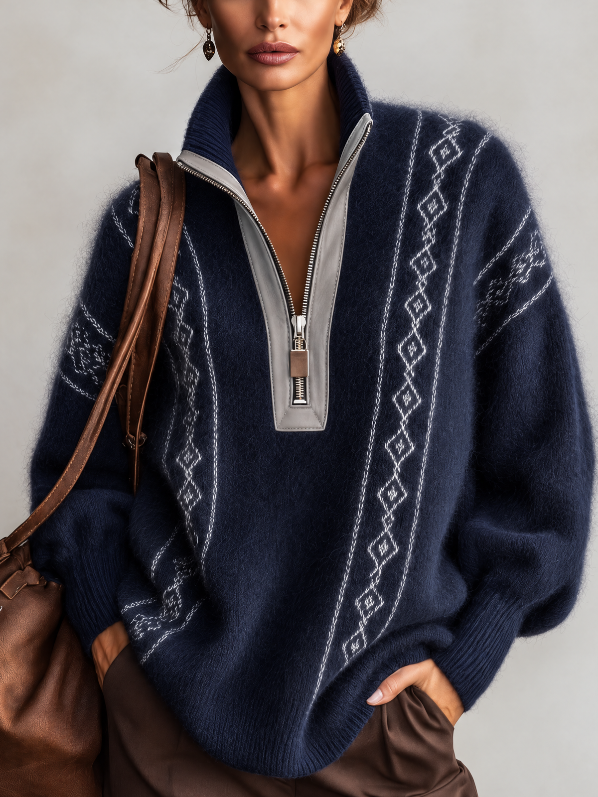 Navy Fair Isle Mohair Blend Half Zip Sweater With Pu Leather Trim