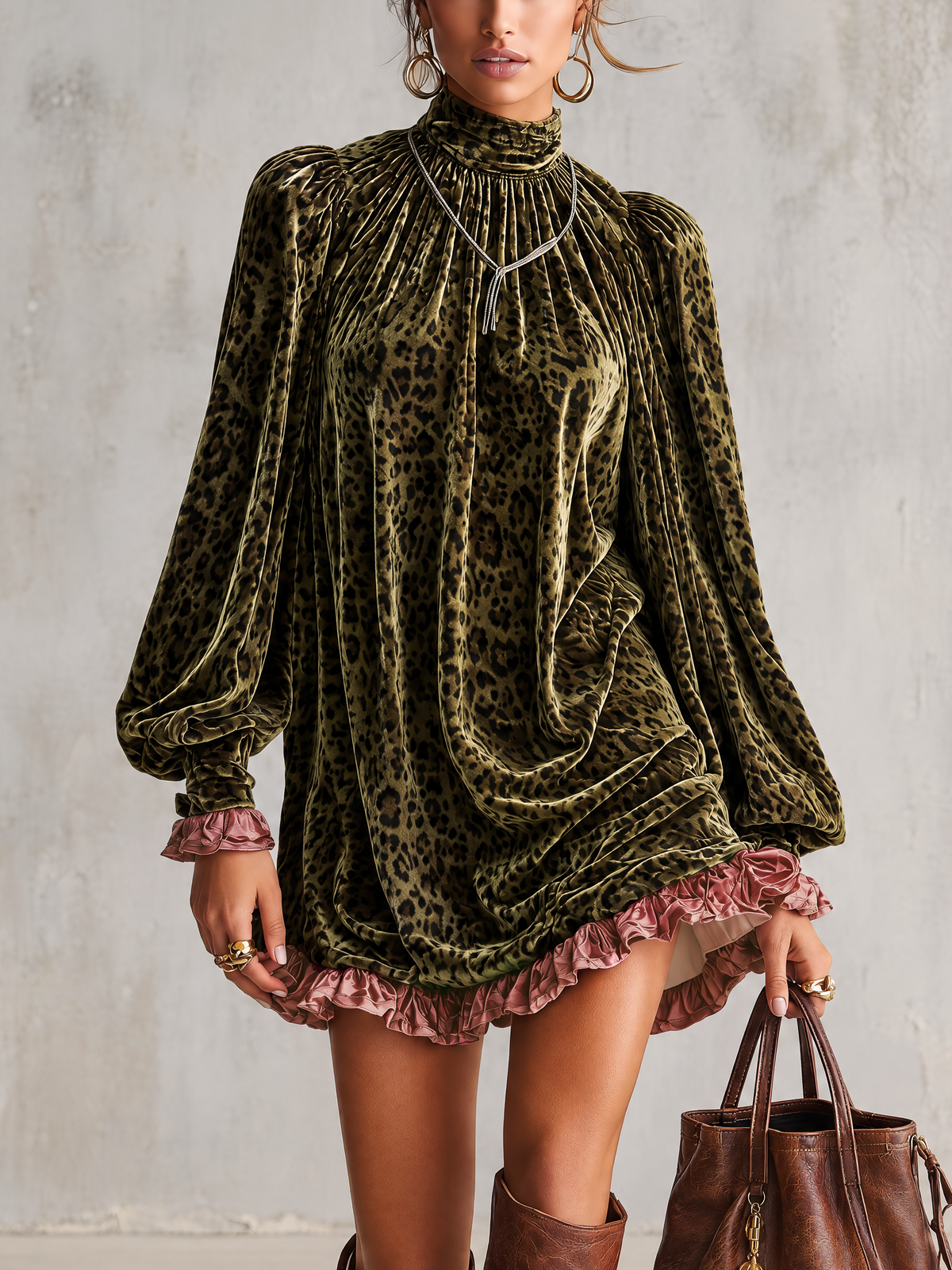 Olive Leopard Velvet Satin Ruffle Hem Mini Dress