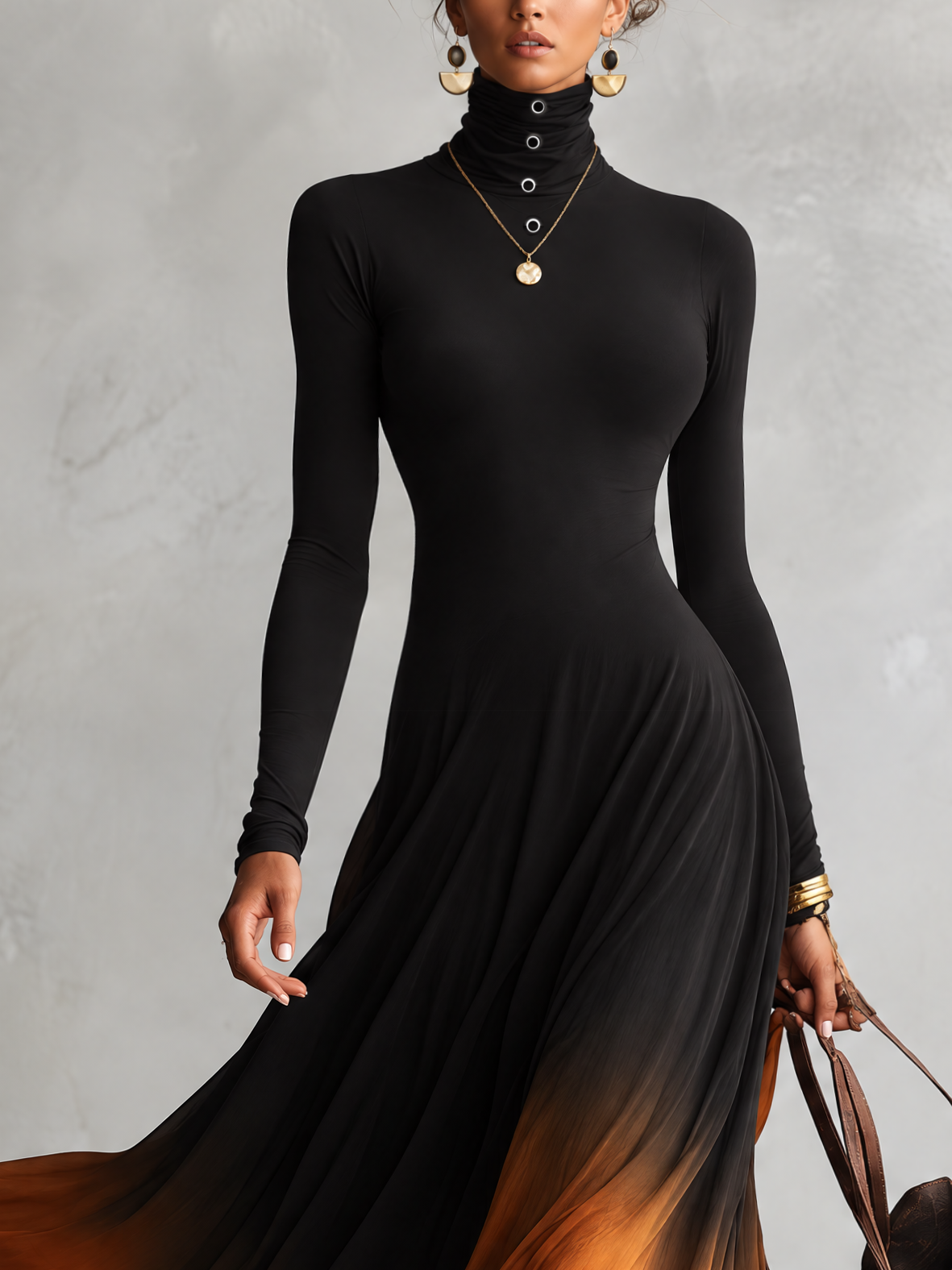 Black To Rust Gradient Turtleneck Long Sleeve Maxi Dress