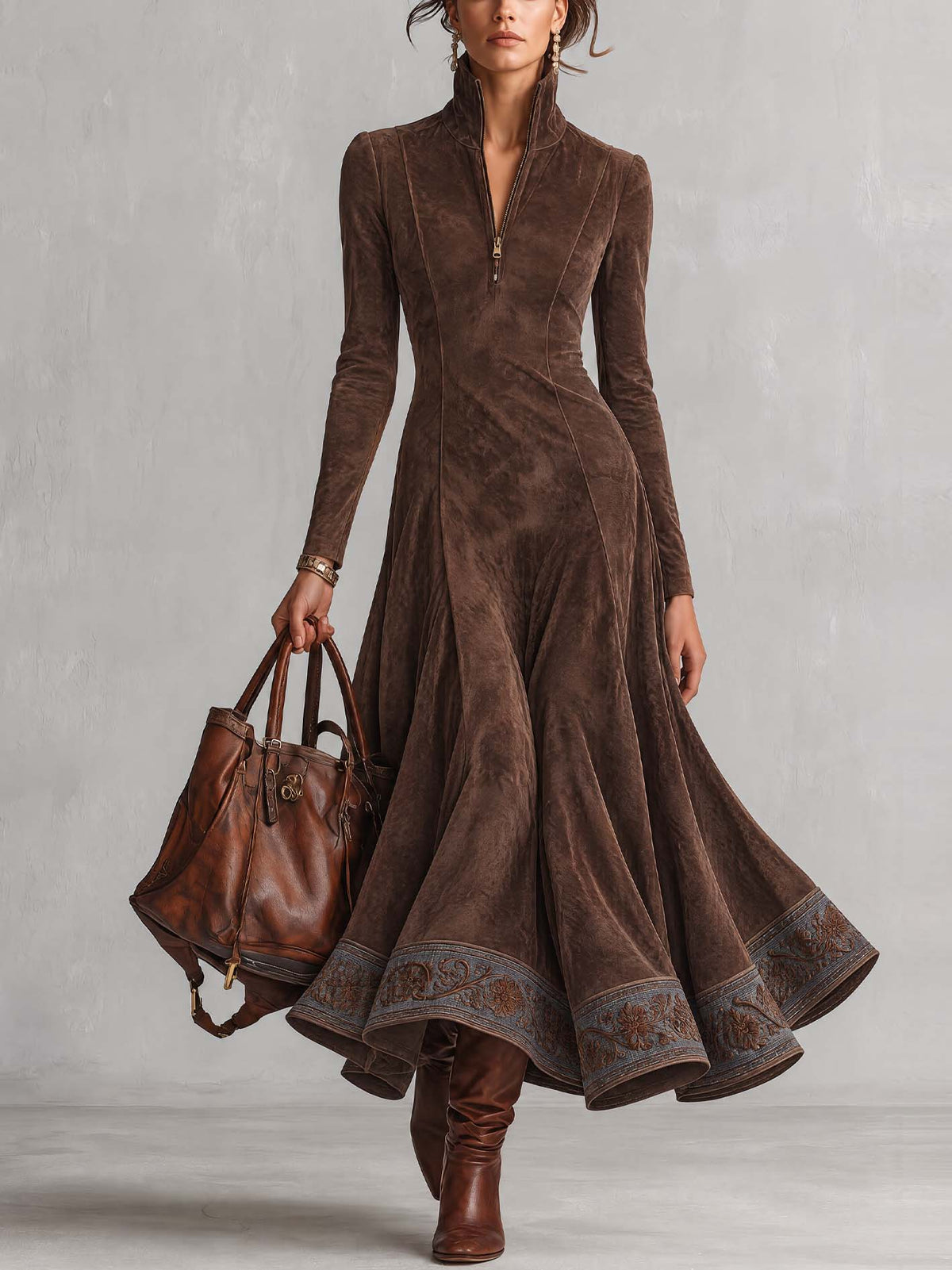 Chocolate Brown Faux Suede Maxi Dress With Vintage Embroidered Hem Band