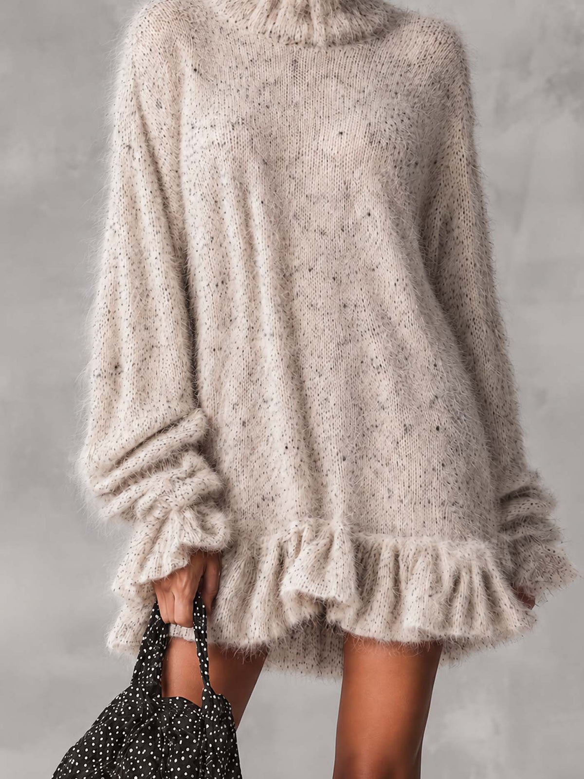 Oatmeal Speckled Fuzzy Mohair Turtleneck Mini Sweater Dress With Ruffle Hem