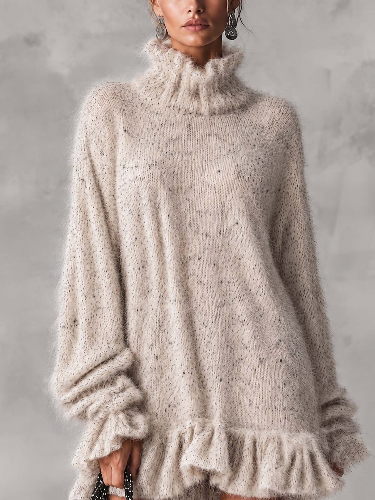 Oatmeal Speckled Fuzzy Mohair Turtleneck Mini Sweater Dress With Ruffle Hem