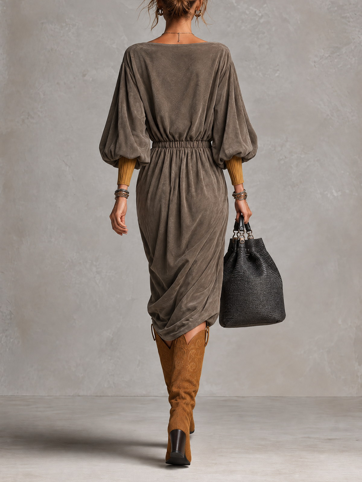 Taupe Faux Suede Boat Neck Bubble Sleeve Midi Dress