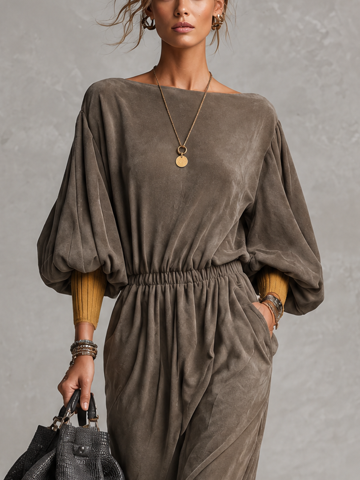 Taupe Faux Suede Boat Neck Bubble Sleeve Midi Dress