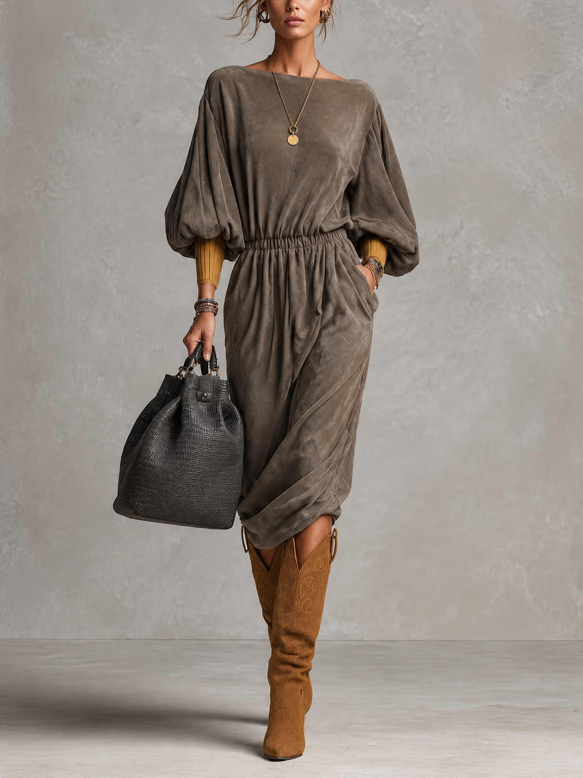 Taupe Faux Suede Boat Neck Bubble Sleeve Midi Dress