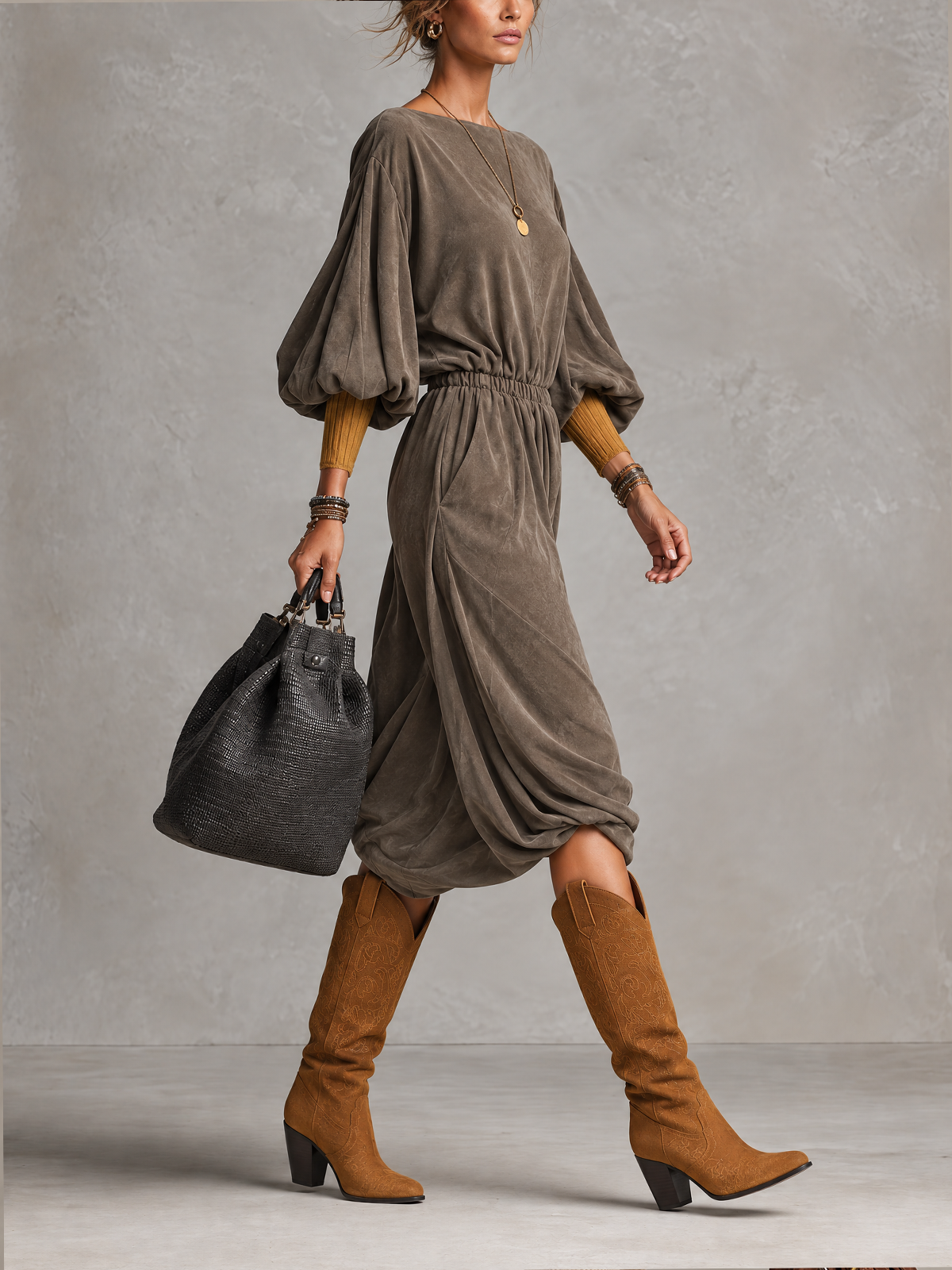 Taupe Faux Suede Boat Neck Bubble Sleeve Midi Dress