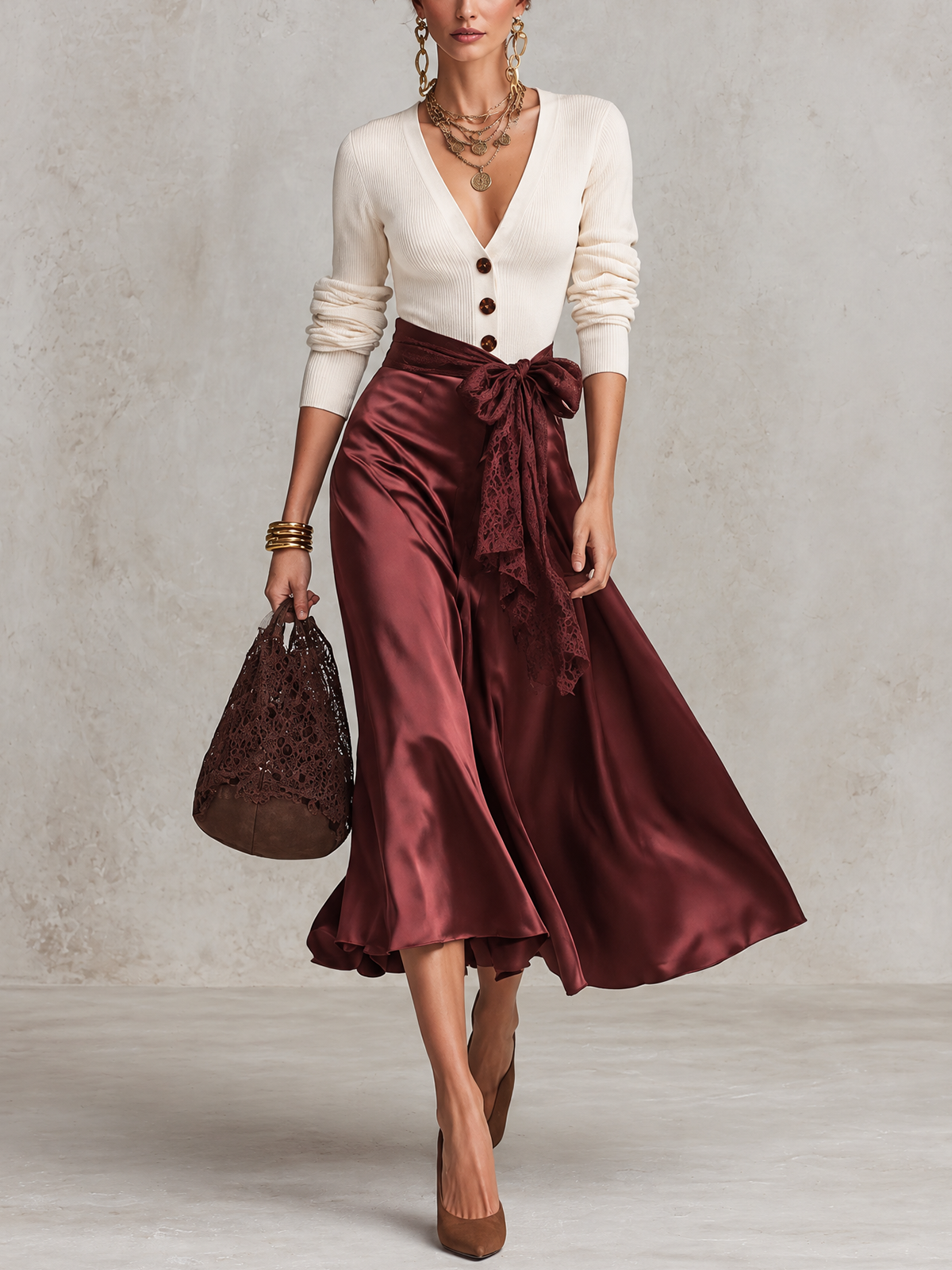 Cream Ribbed Knit V-Neck And Burgundy Satin Lace Waist Midi Dress