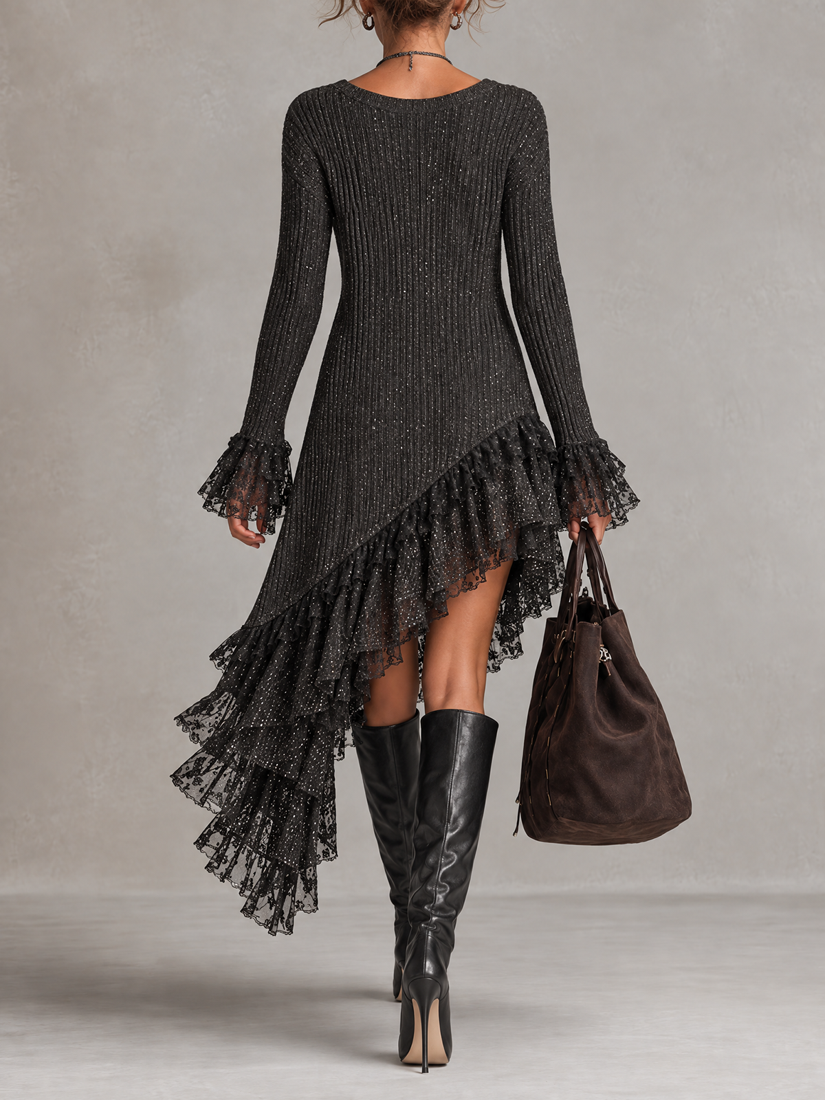 Black Sparkly Ribbed Knit V-Neck Asymmetrical Lace Ruffle Mini Dress