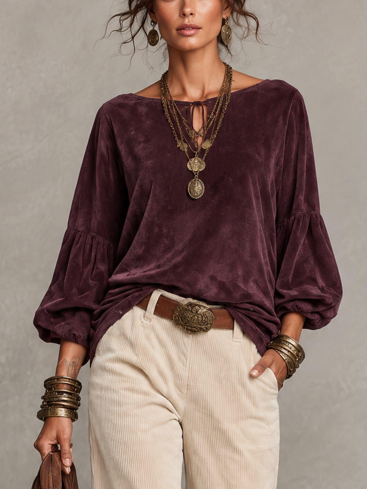 Plum Faux Suede Tie Keyhole Boat Neck Balloon Sleeve Blouse