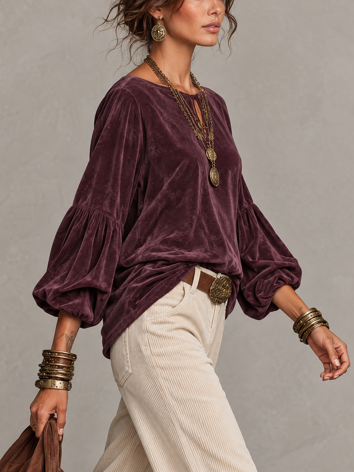 Plum Faux Suede Tie Keyhole Boat Neck Balloon Sleeve Blouse