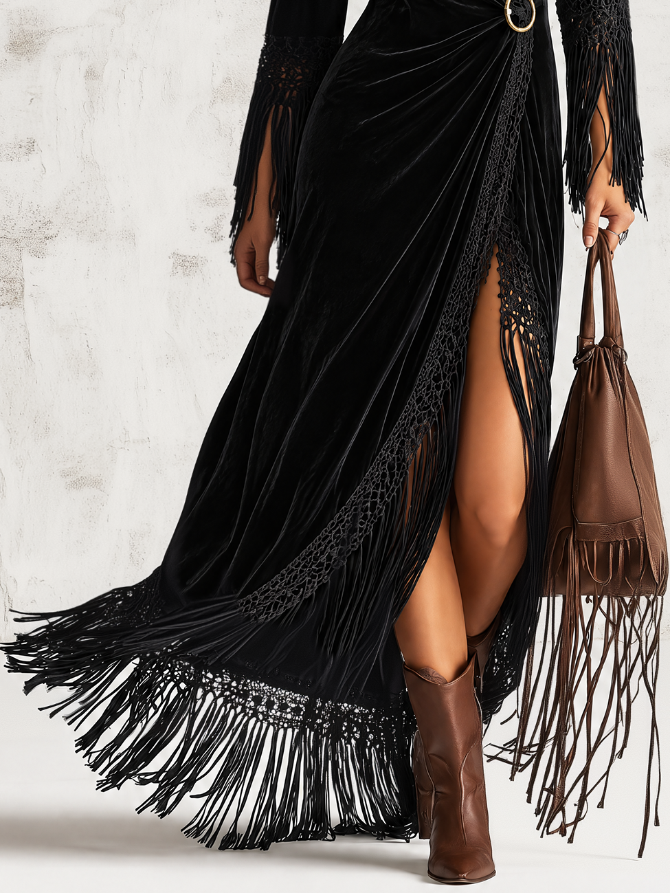 Black Velvet Wrap Maxi Dress With Crochet Fringe Trim