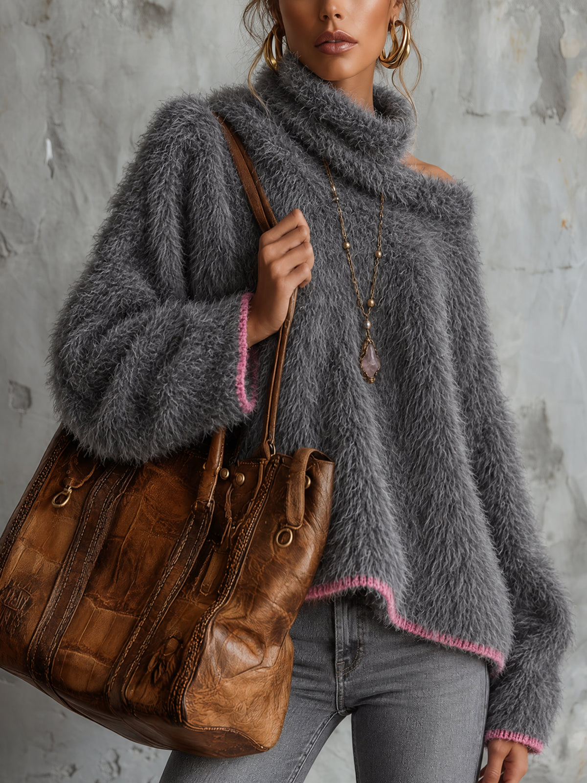 Gray Oversized Off Shoulder Faux Mink Fuzzy Cowl Neck Sweater With Pink Trim