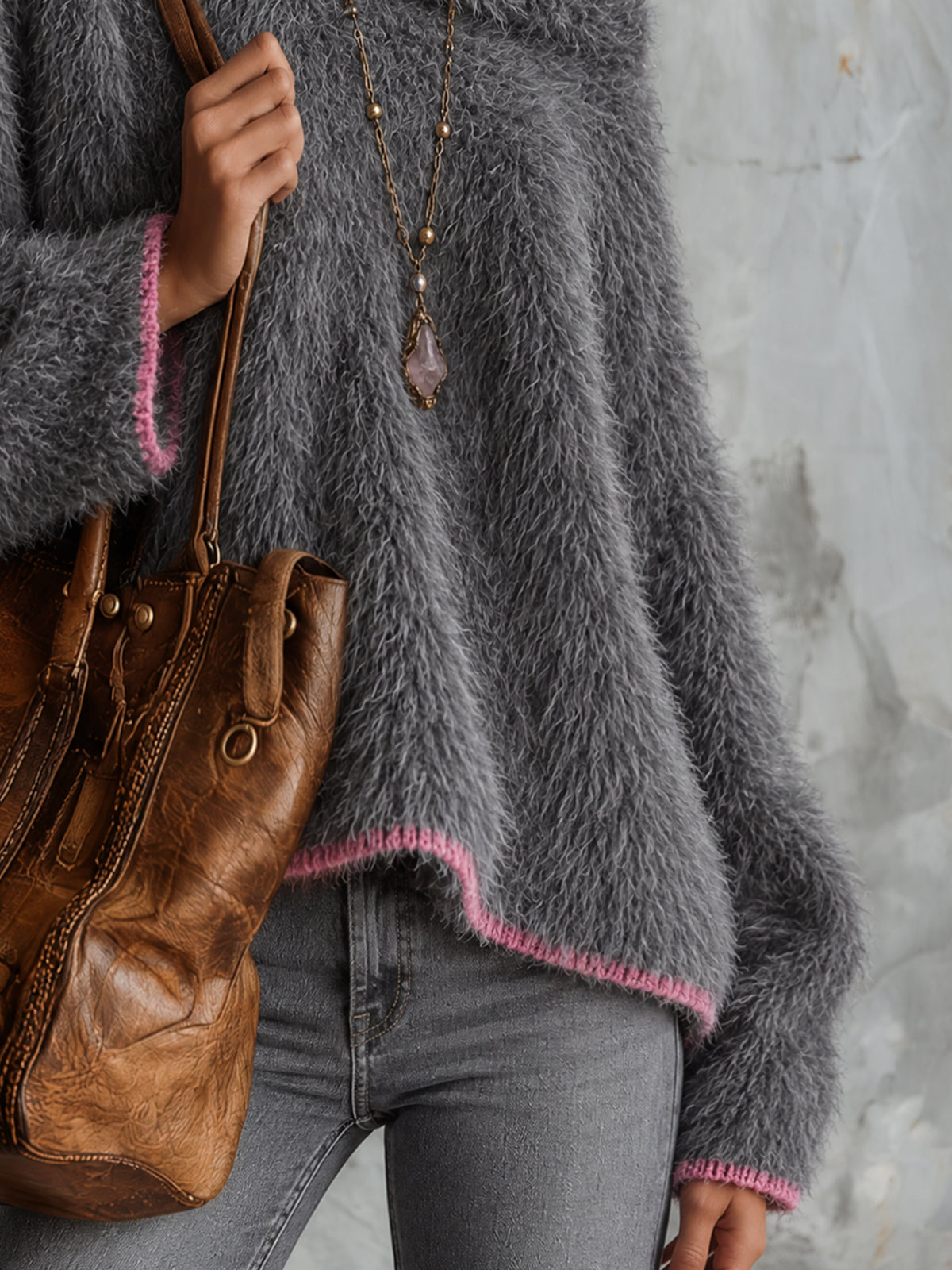 Gray Oversized Off Shoulder Faux Mink Fuzzy Cowl Neck Sweater With Pink Trim