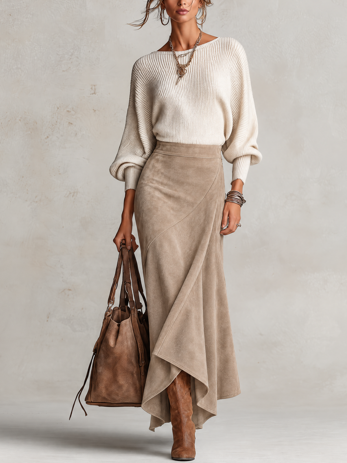 Off-White Ribbed Knit Sweater And Beige Suede Asymmetric Midi Skirt Set