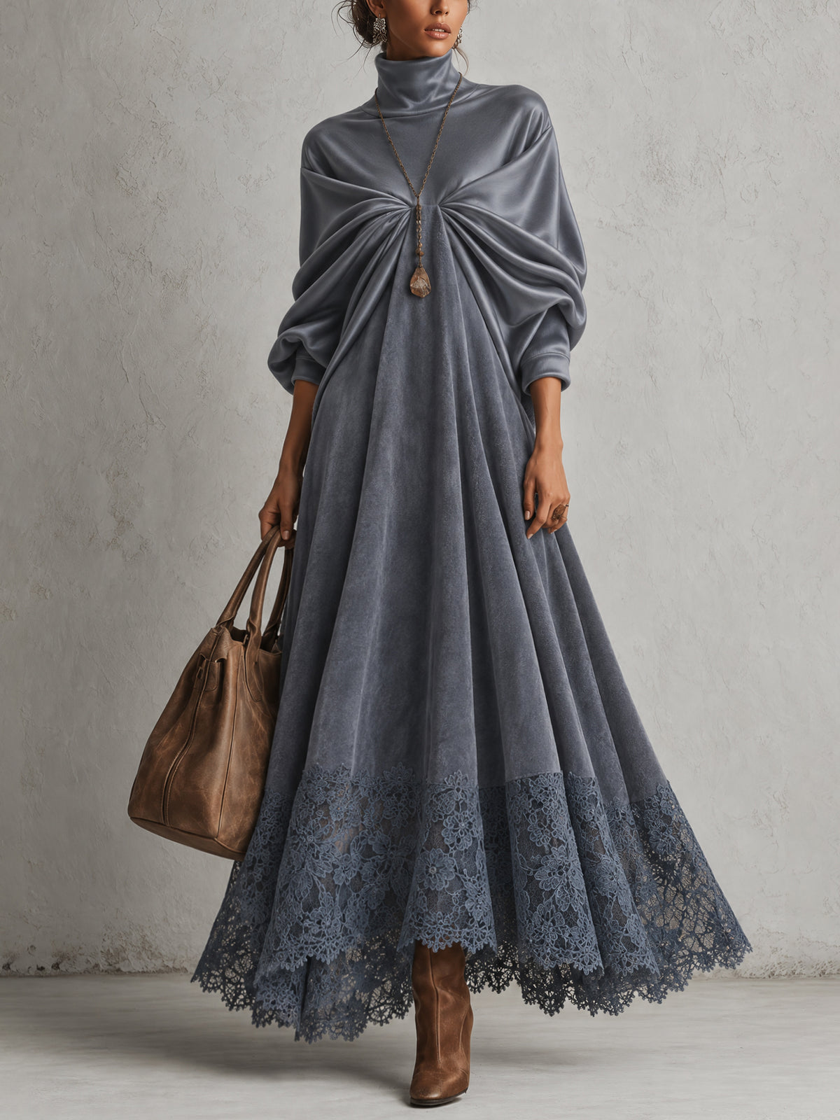 Blue Satin Faux Suede Patchwork Turtleneck Maxi Dress