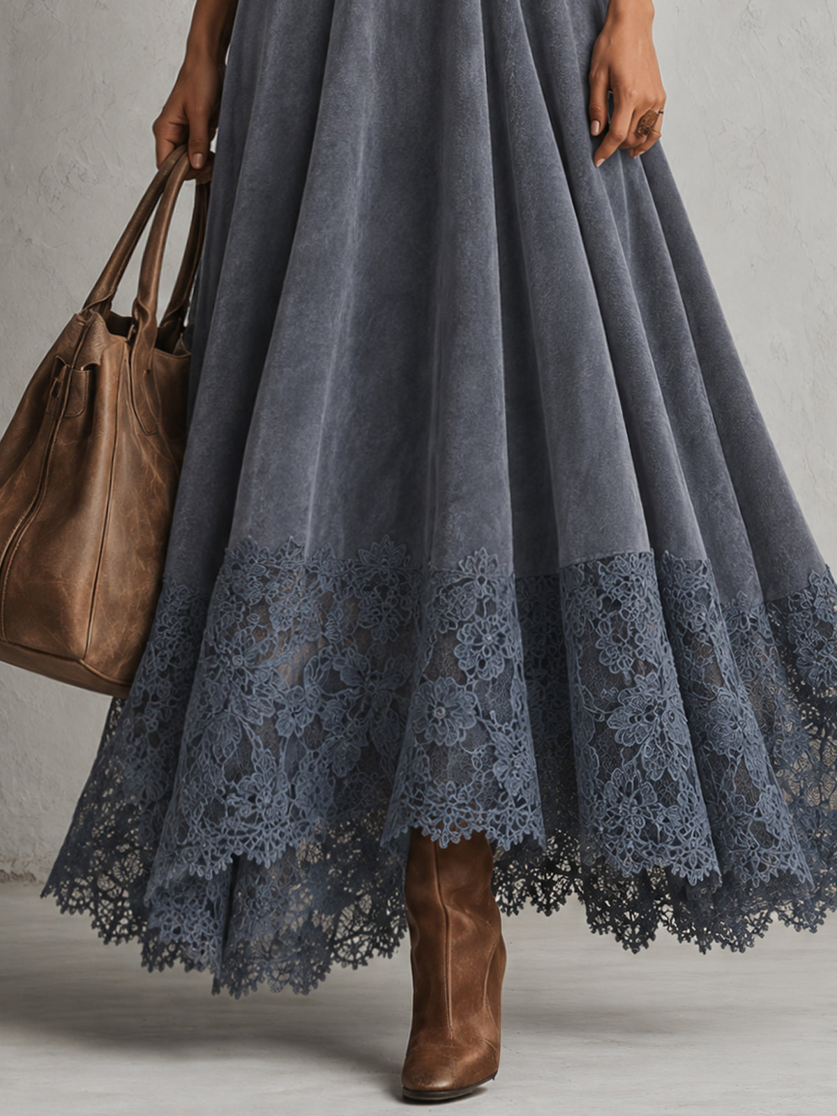 Blue Satin Faux Suede Patchwork Turtleneck Maxi Dress