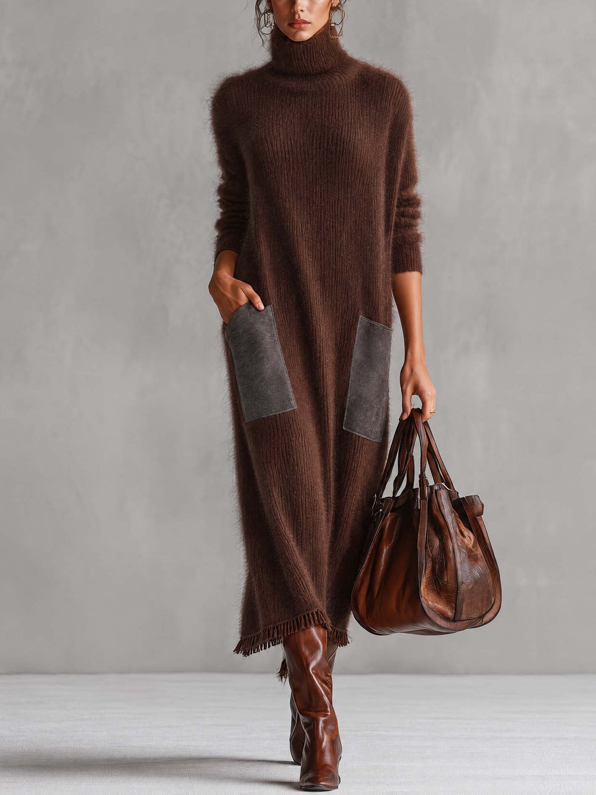 Chocolate Brown Fuzzy Mohair Knit Maxi Dress With Contrast Suede Pockets And Fringe Hem