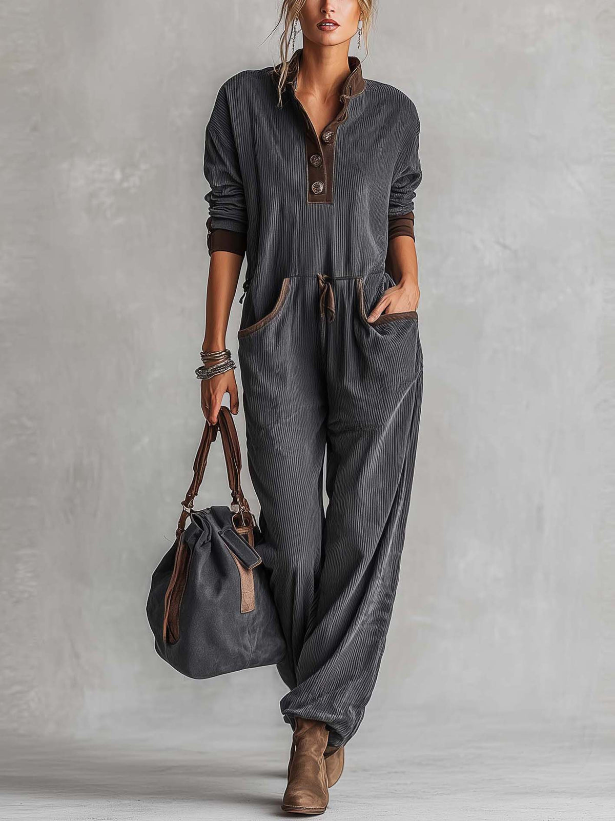 Washed Charcoal Corduroy Long-Sleeve Jumpsuit With Suede-Trim Henley Placket