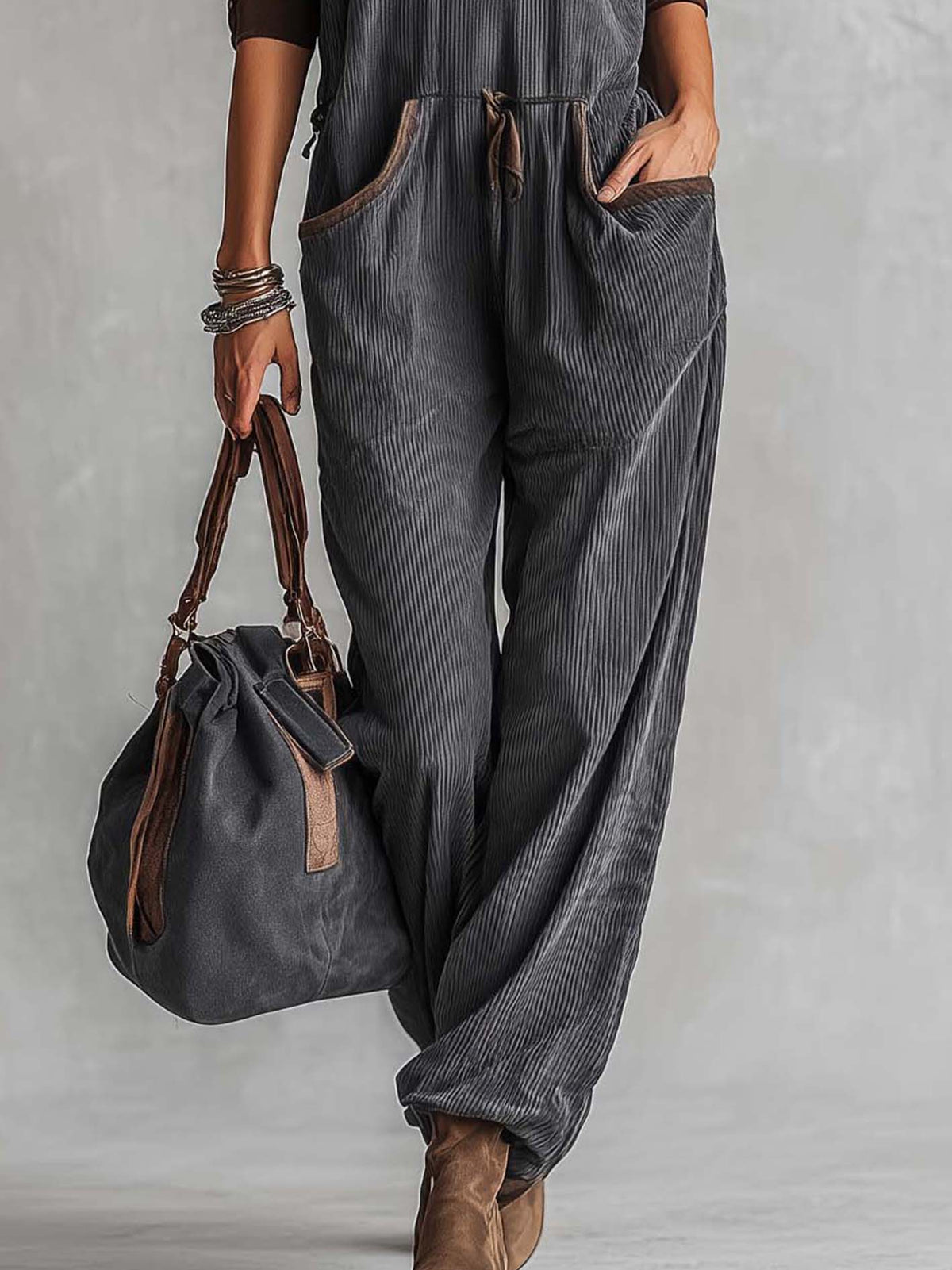 Washed Charcoal Corduroy Long-Sleeve Jumpsuit With Suede-Trim Henley Placket