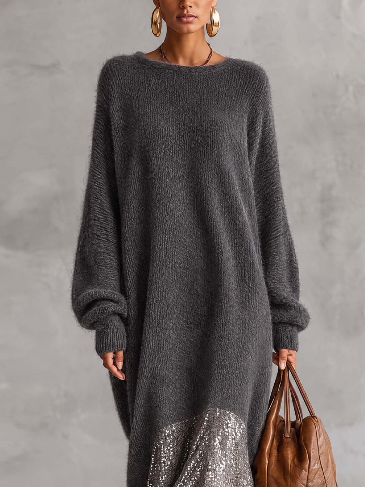 Charcoal Gray Fuzzy Mohair Knit Maxi Dress With Silver Sequin Patchwork Skirt