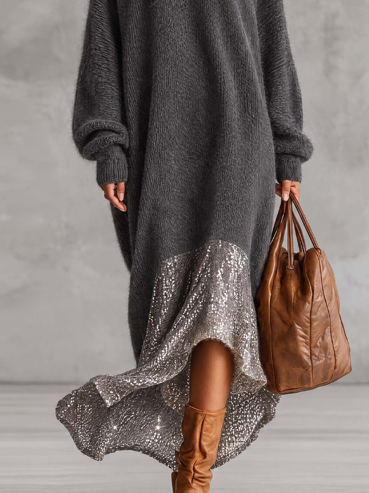 Charcoal Gray Fuzzy Mohair Knit Maxi Dress With Silver Sequin Patchwork Skirt
