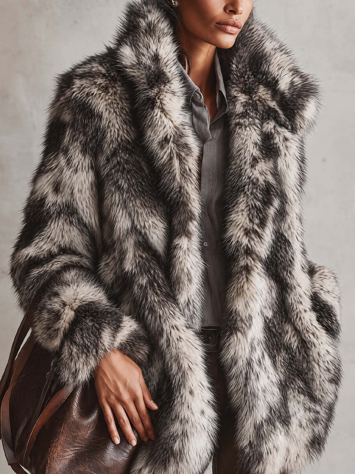 Black And White Faux Fox Fur Jacket With Oversized Shawl Collar