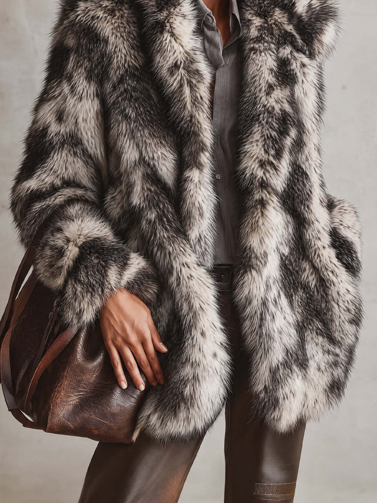Black And White Faux Fox Fur Jacket With Oversized Shawl Collar