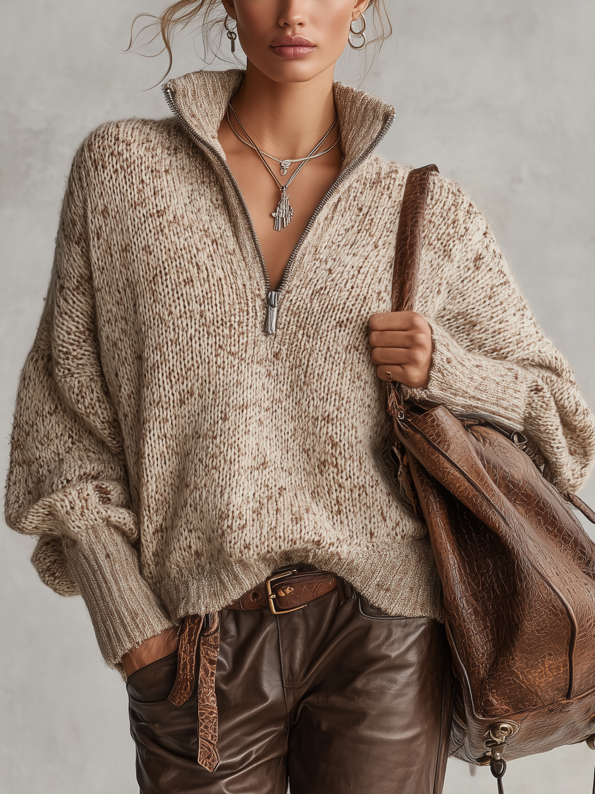 Oatmeal Speckled Yarn Half Zip Oversized Sweater