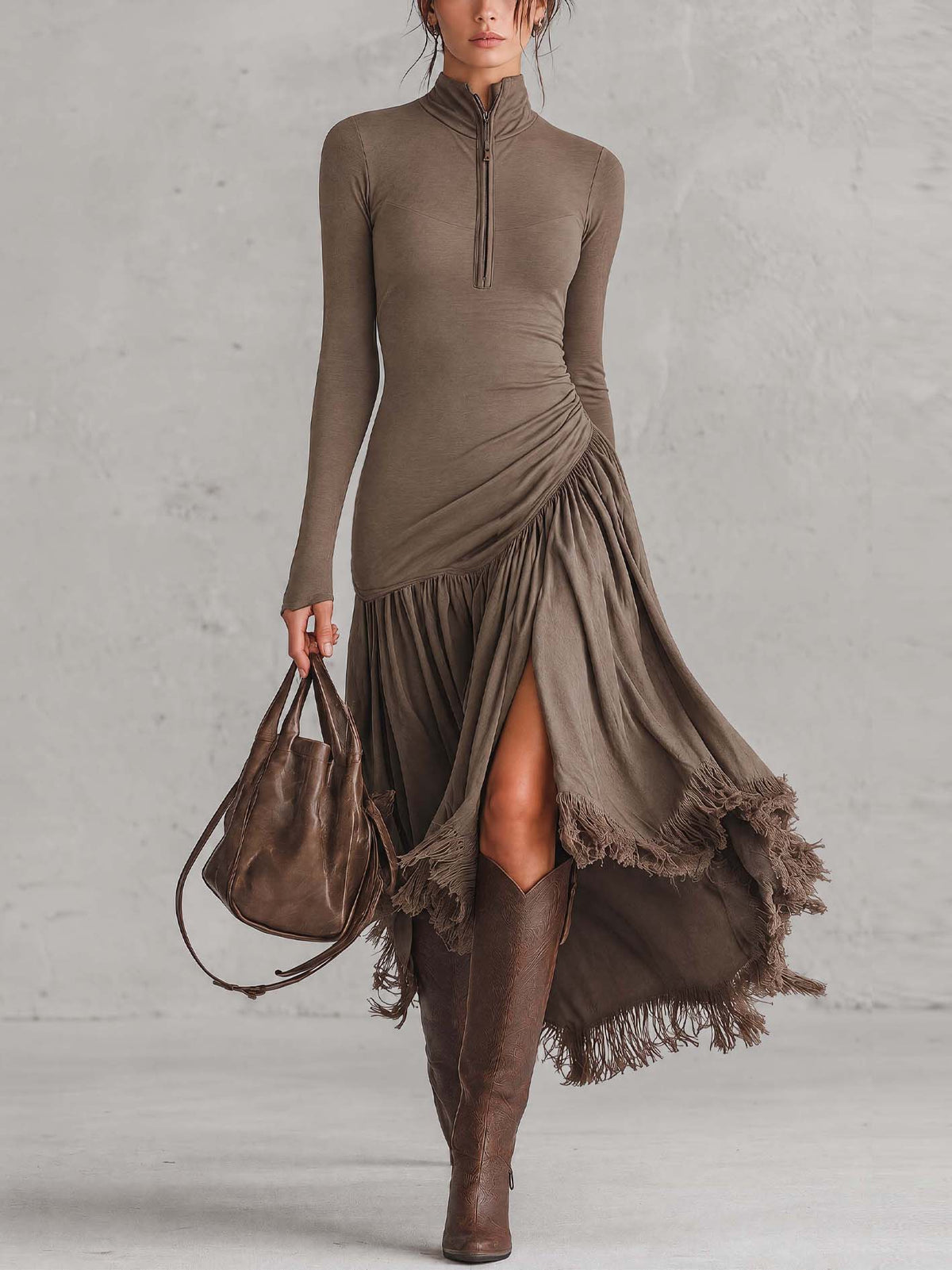 Taupe Bodycon Maxi Dress With Asymmetric Fringe Patchwork Skirt