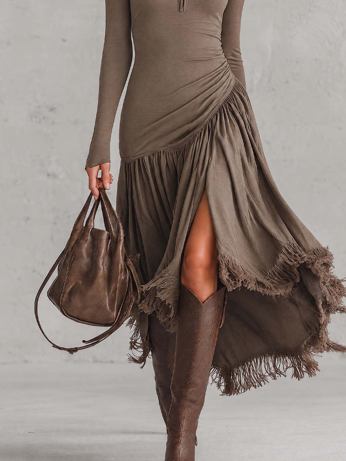 Taupe Bodycon Maxi Dress With Asymmetric Fringe Patchwork Skirt