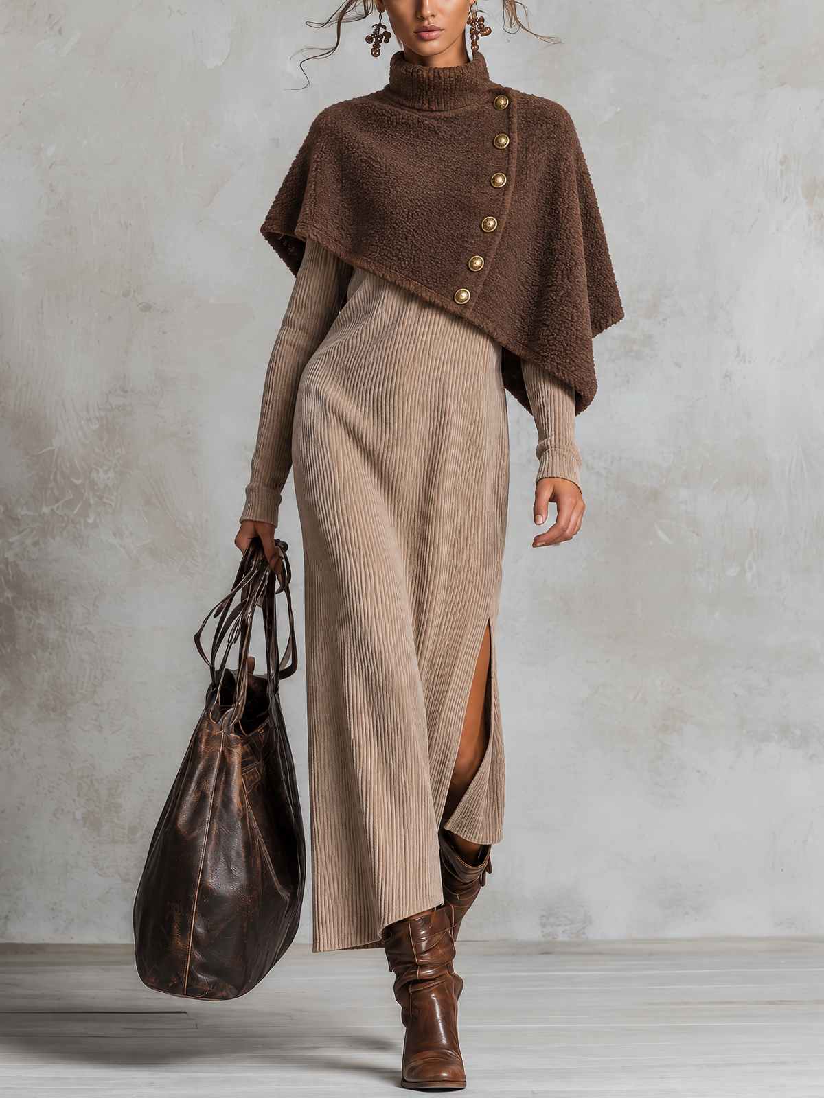 Brown Sherpa Cape Overlay Beige Corduroy Slit Maxi Dress