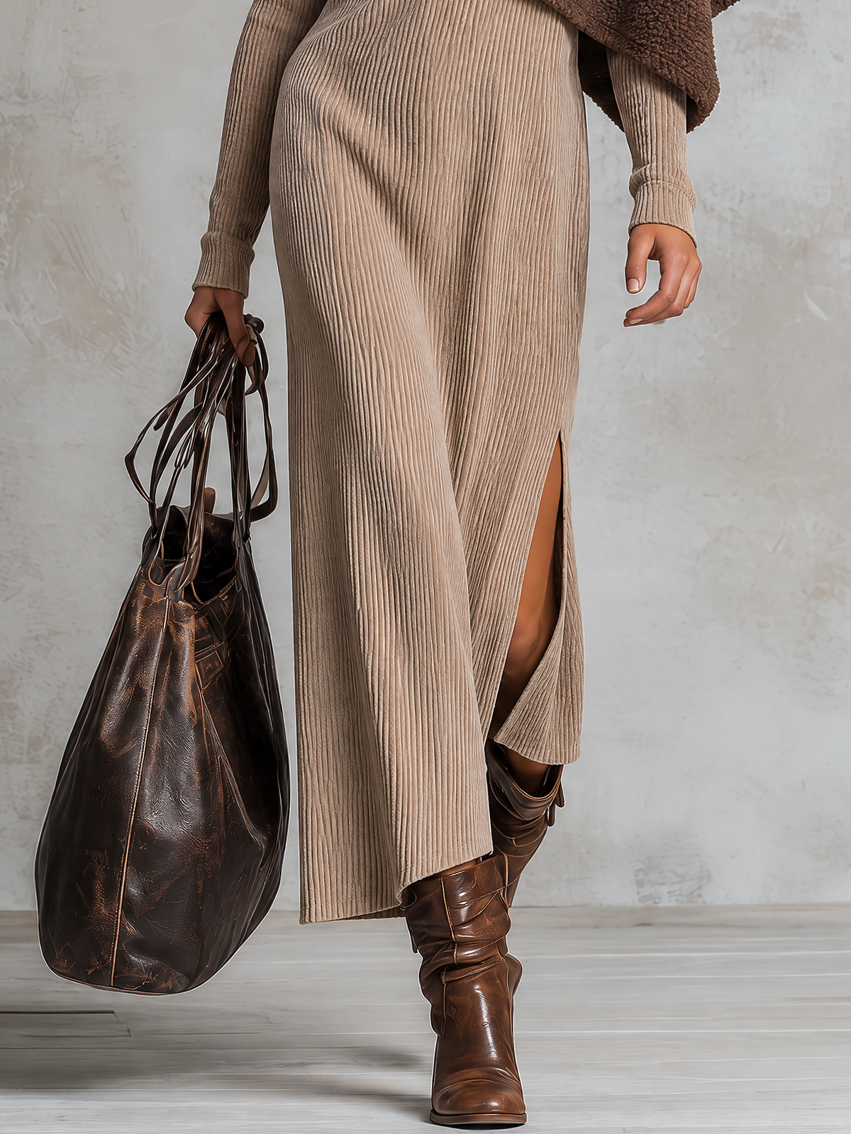 Brown Sherpa Cape Overlay Beige Corduroy Slit Maxi Dress