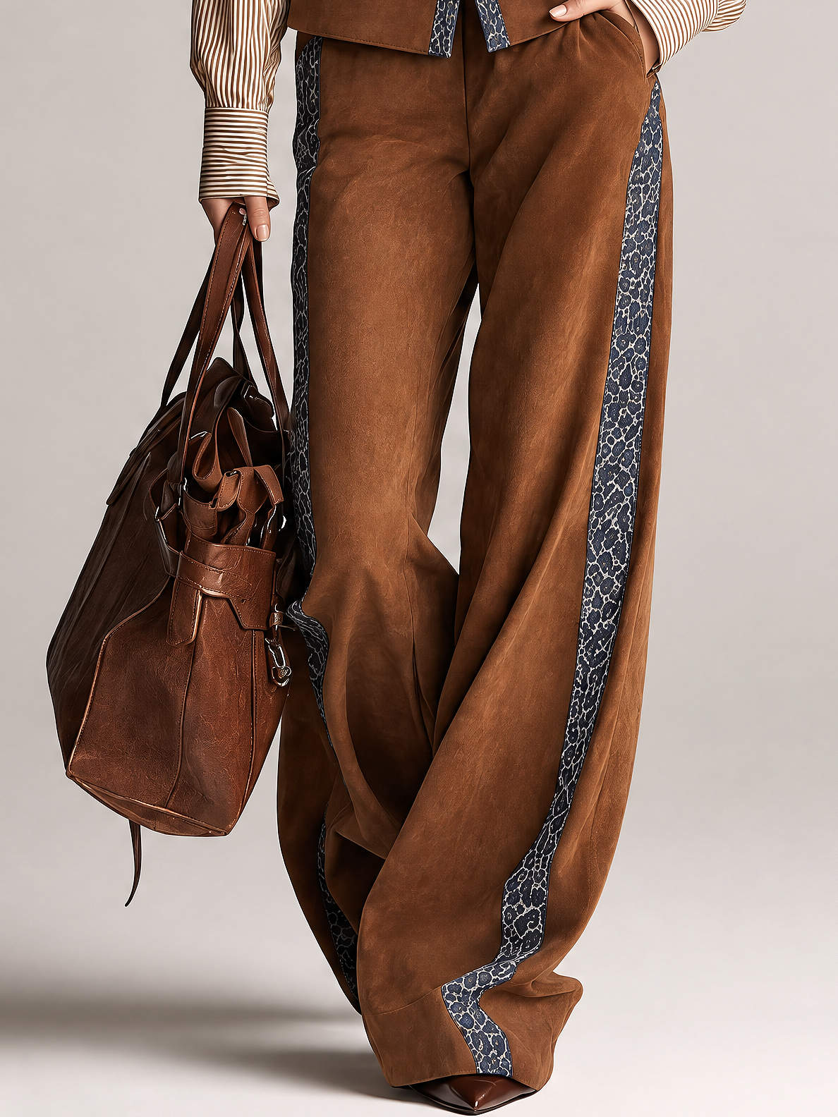 Brown Suede Vest And Wide Leg Pants Set With Contrast Printed Tape Trim