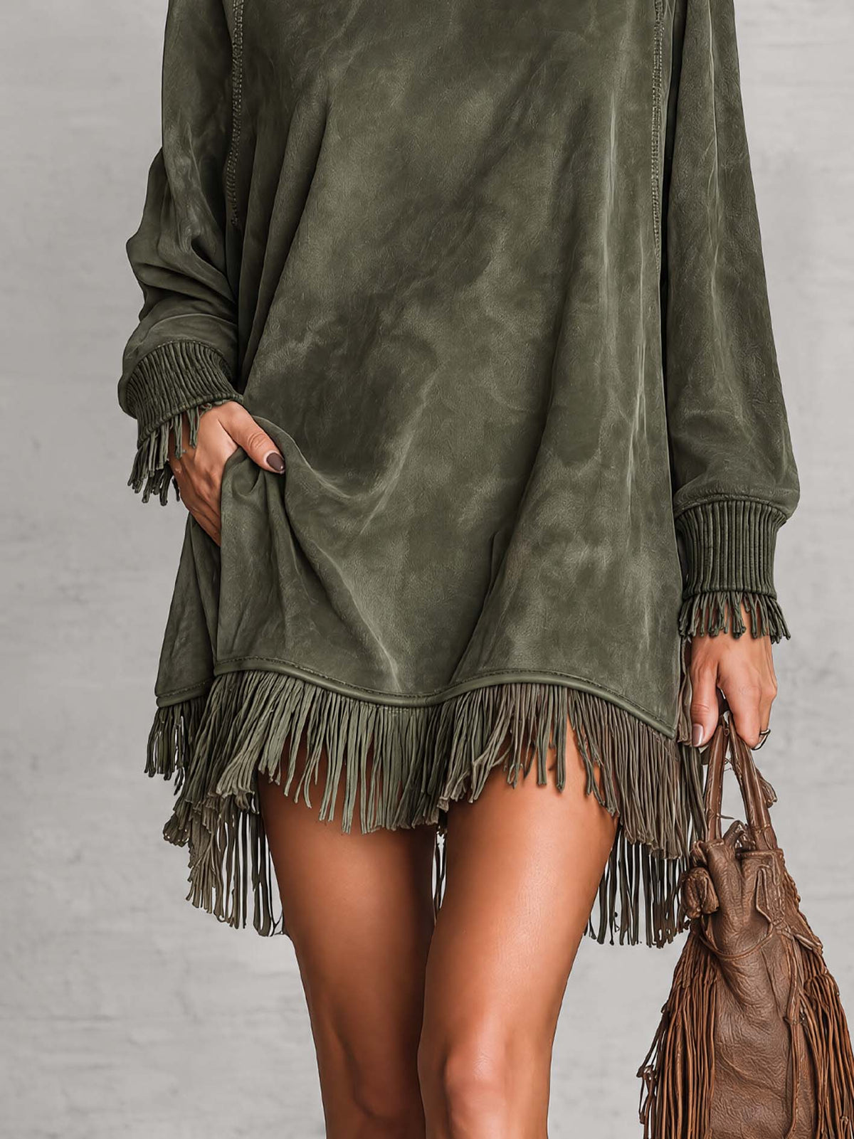 Olive Green Distressed Faux Suede Mini Dress With Fringe Trim And Turtleneck