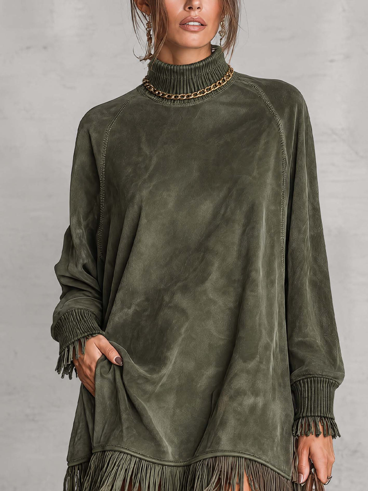 Olive Green Distressed Faux Suede Mini Dress With Fringe Trim And Turtleneck