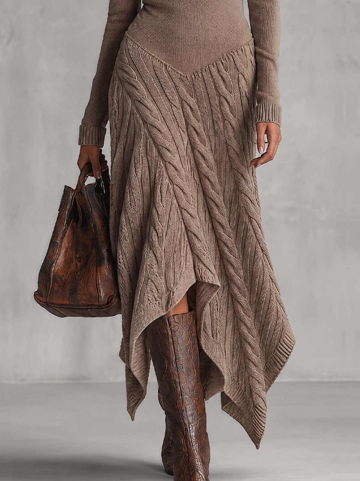 Taupe Ribbed Knit Turtleneck Midi Dress With Cable Knit Asymmetric Handkerchief Hem
