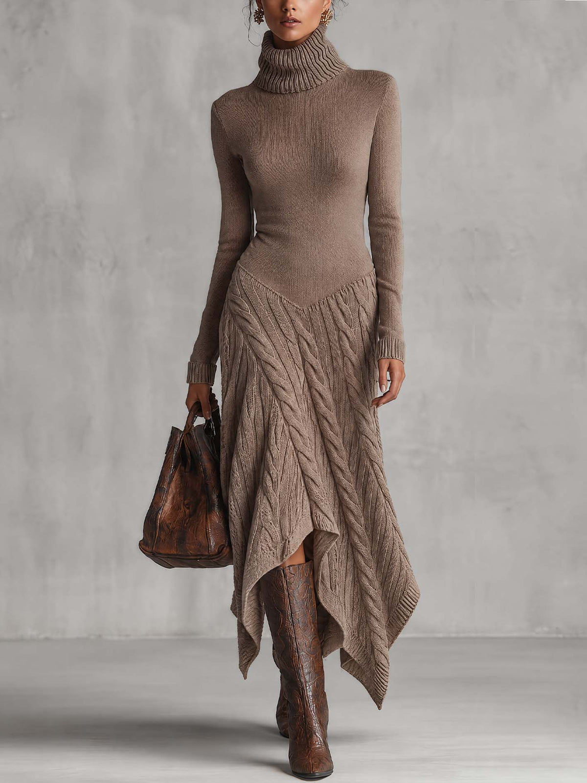Taupe Ribbed Knit Turtleneck Midi Dress With Cable Knit Asymmetric Handkerchief Hem