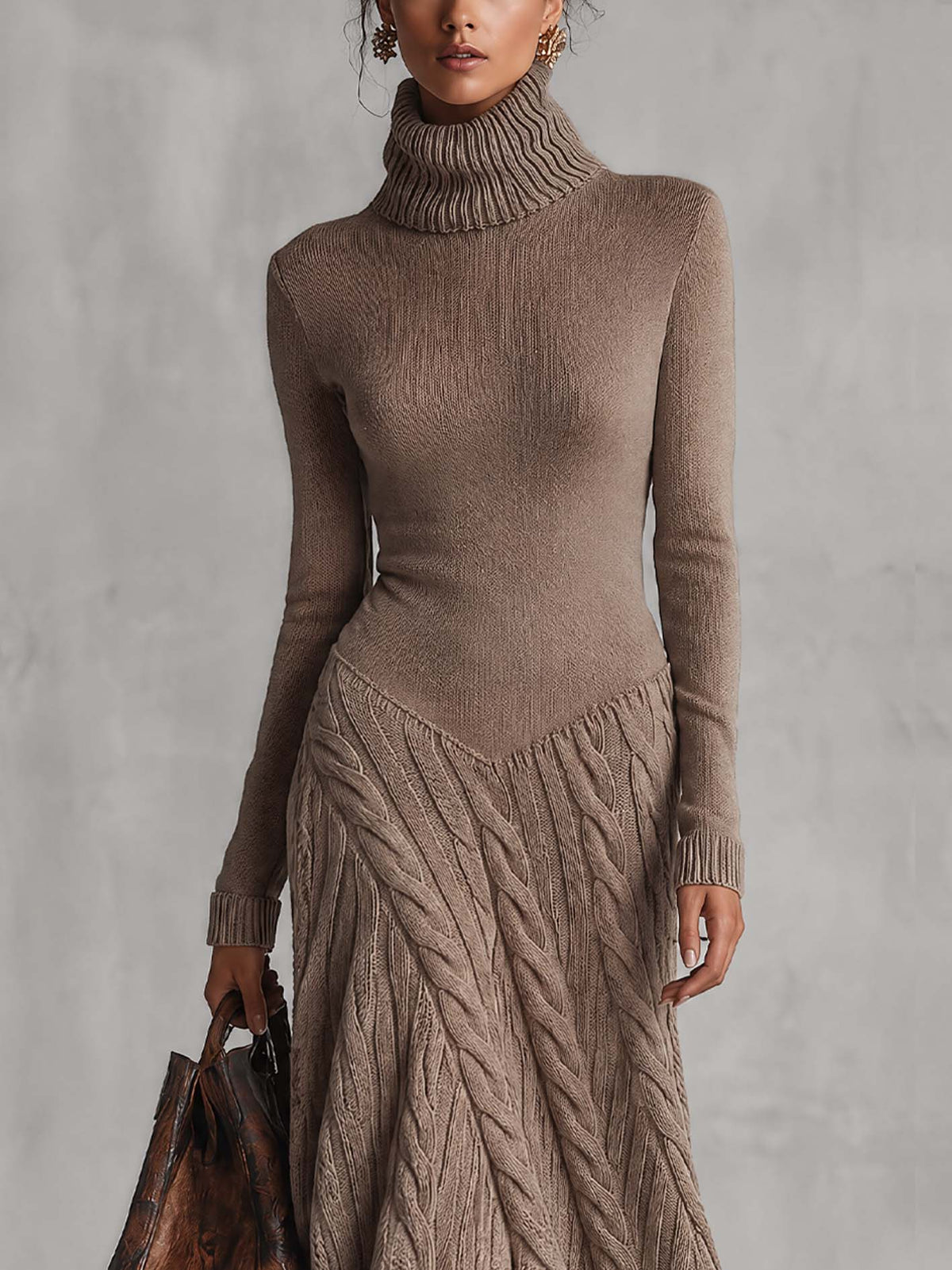 Taupe Ribbed Knit Turtleneck Midi Dress With Cable Knit Asymmetric Handkerchief Hem