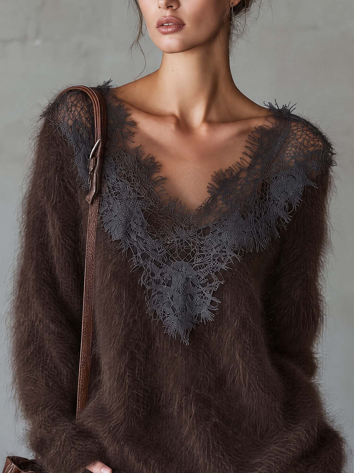 Dark Chocolate Mohair Sweater With Sheer Gray Lace V-Neck Trim