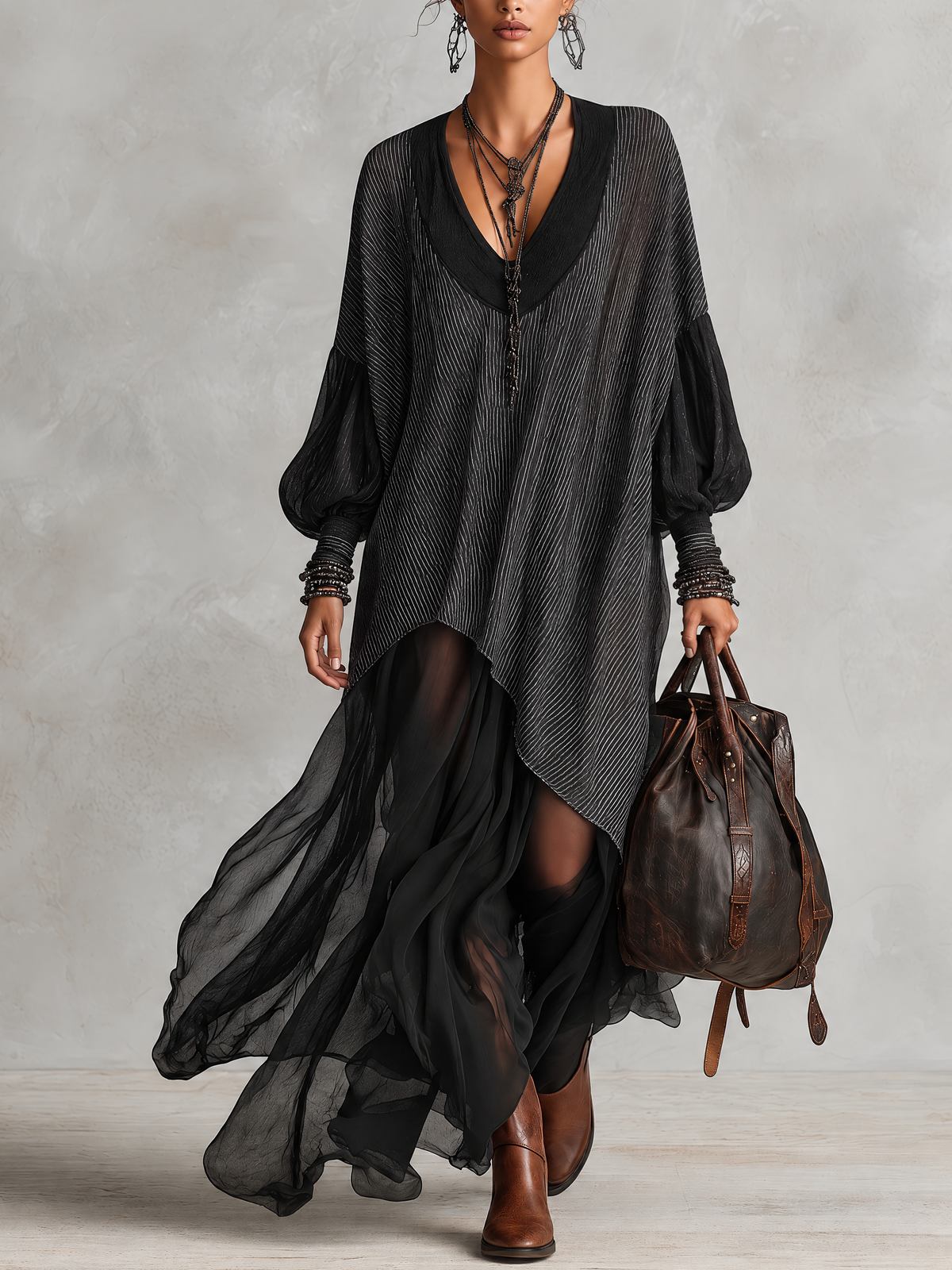 Black Striped Woven And Sheer Tulle V-Neck Maxi Dress