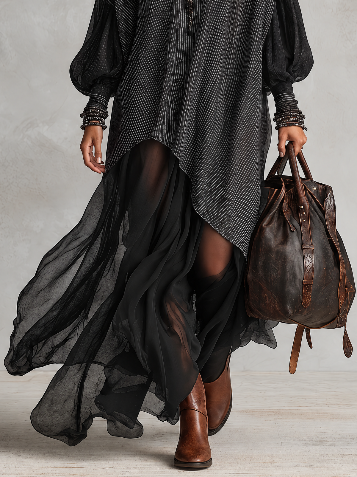 Black Striped Woven And Sheer Tulle V-Neck Maxi Dress