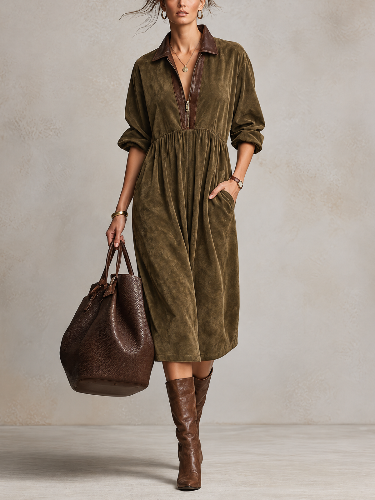 Olive Suede Contrast Leather Collar Zip Midi Dress