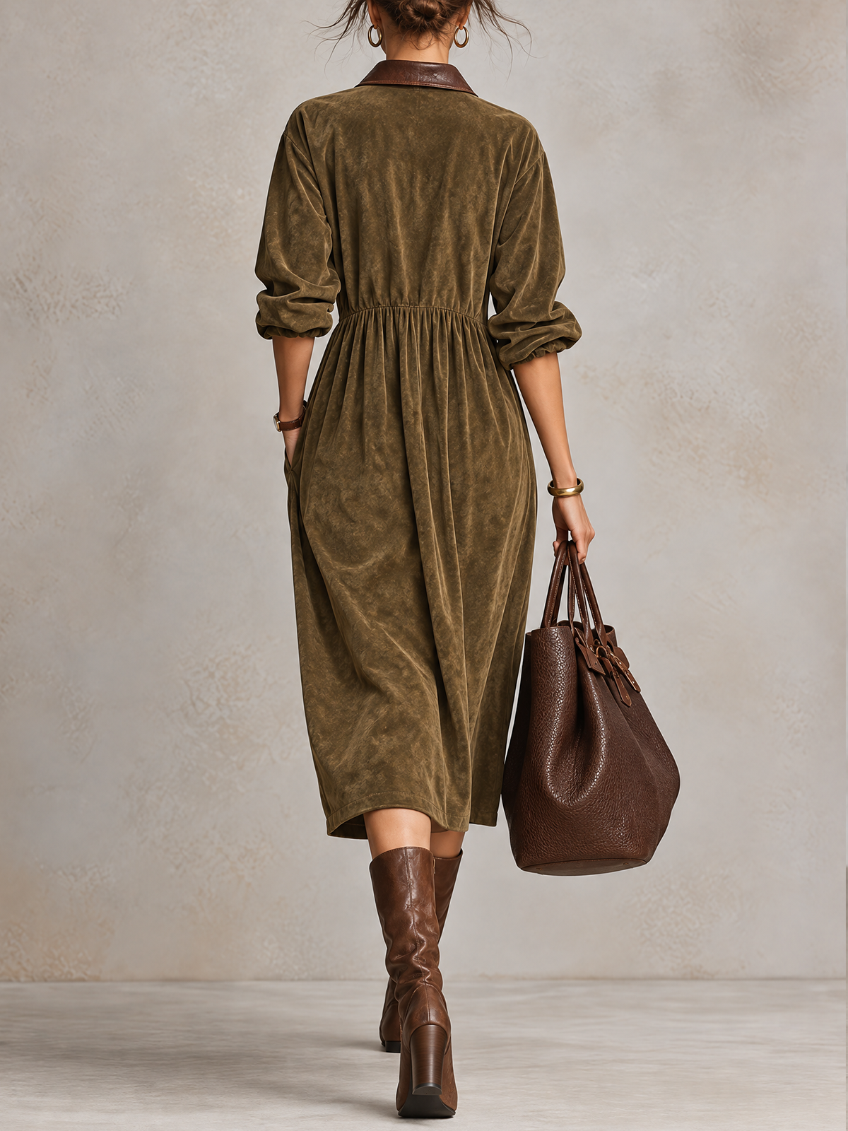 Olive Suede Contrast Leather Collar Zip Midi Dress